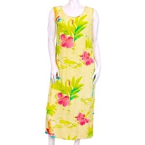 VINTAGE 90s Y2K Bright Yellow Pink Floral Rayon Midi Tank Dress